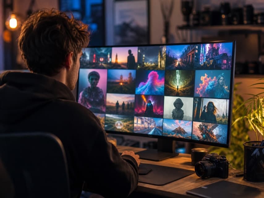 A content creator at a desk reviewing a wall of AI-generated images and video frames