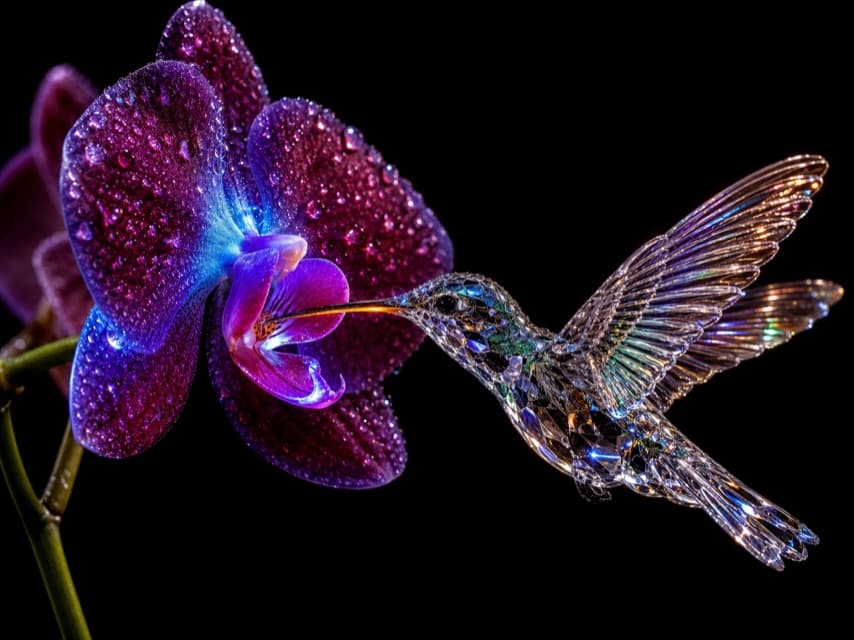 Hyper-detailed AI-generated image of a crystal hummingbird and a dewy orchid