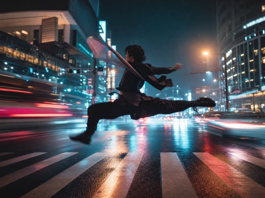 Cinematic AI-generated scene of a dancer leaping through a neon-lit street